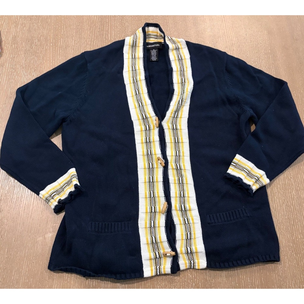 Norton Studio Women's Medium Navy Toggle Cardigan Sweater Striped Shawl Collar